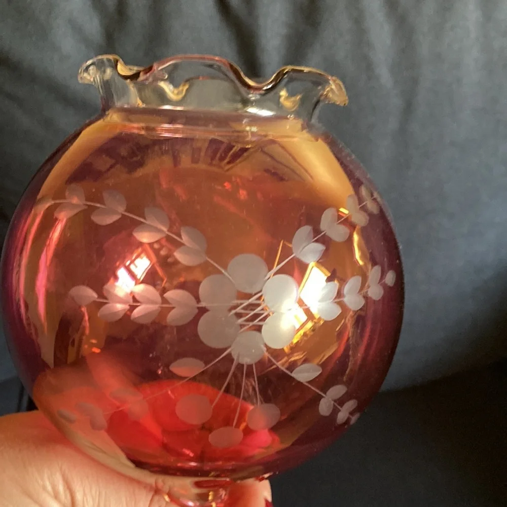 Vintage cranberry ruffle edged pedestal goblet flower bowl